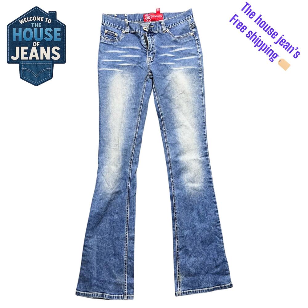 Bongo Jeans Women’s Size 1 Blue Bootcut Stretch Denim Whiskered Distressed